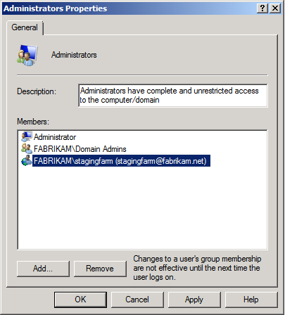 In the Select Users, Computers, Service Accounts, or Groups dialog box, type (or browse) to your ___domain account (for example, FABRIKAM\stagingfarm), and then click OK.