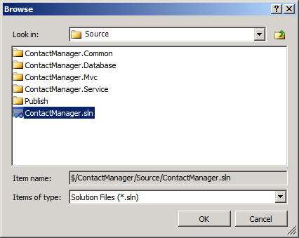 Browse to the ___location of your solution file, and then click OK.