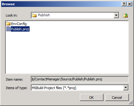 Browse to the ___location of the custom project file with which you control the deployment process, select the file, and then click OK.