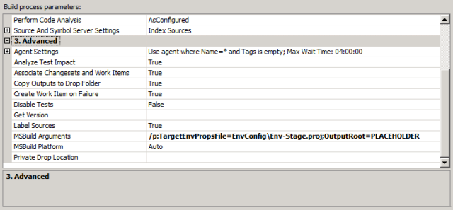In the MSBuild Arguments row, specify the ___location of your environment-specific project file and add a placeholder for the ___location of your build folder.