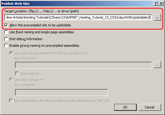 Screenshot of the Publish Web Site dialog box to specify the target ___location.