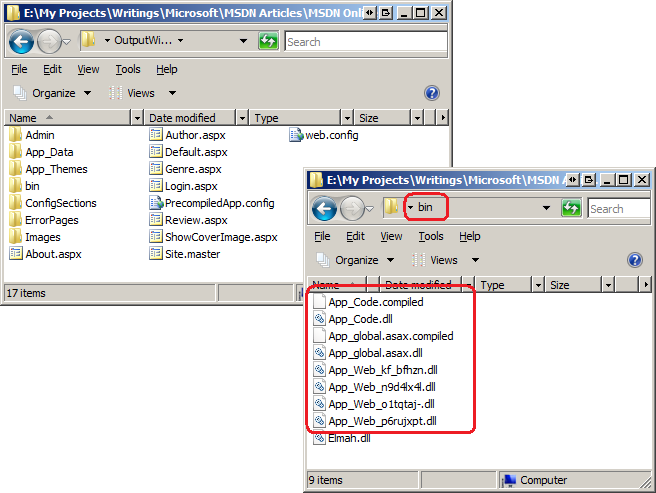 Screenshot of the target ___location folder whose contents were created by the A S P . N E T compilation tool.