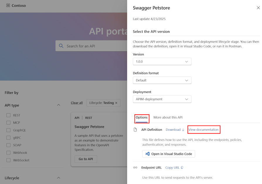 Screenshot of API details in API Center portal.