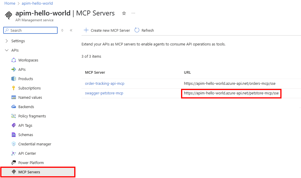 Screenshot of the MCP server list in the portal.