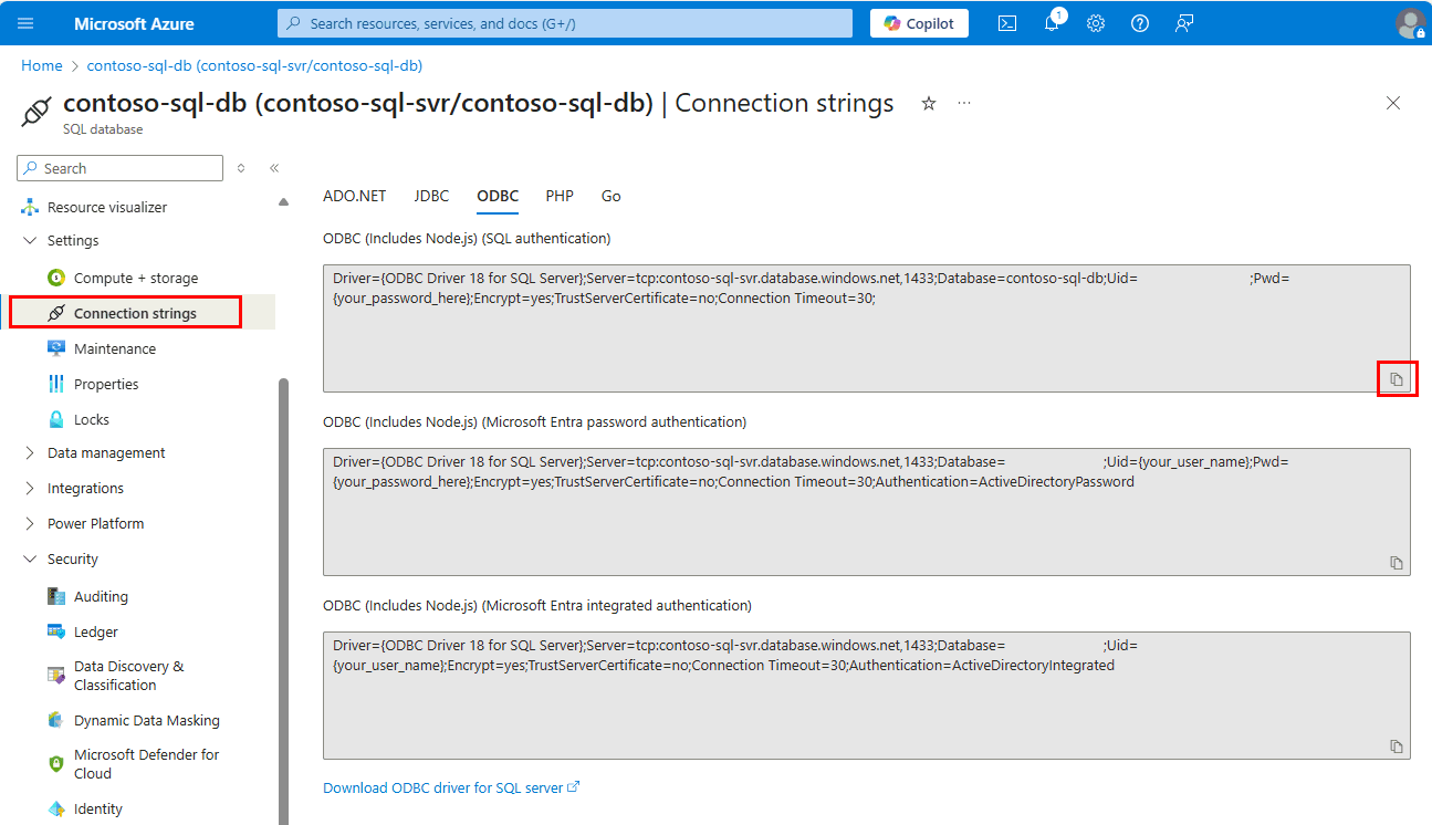Screenshot from the Azure portal of an ODBC Connection String.