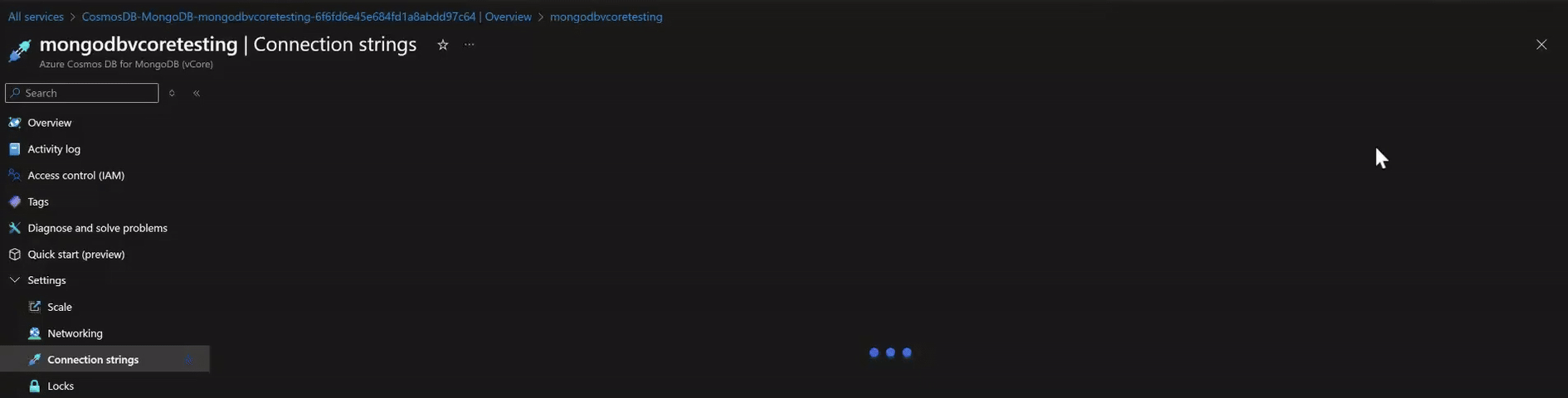 Animation that shows selections for getting a connection string.