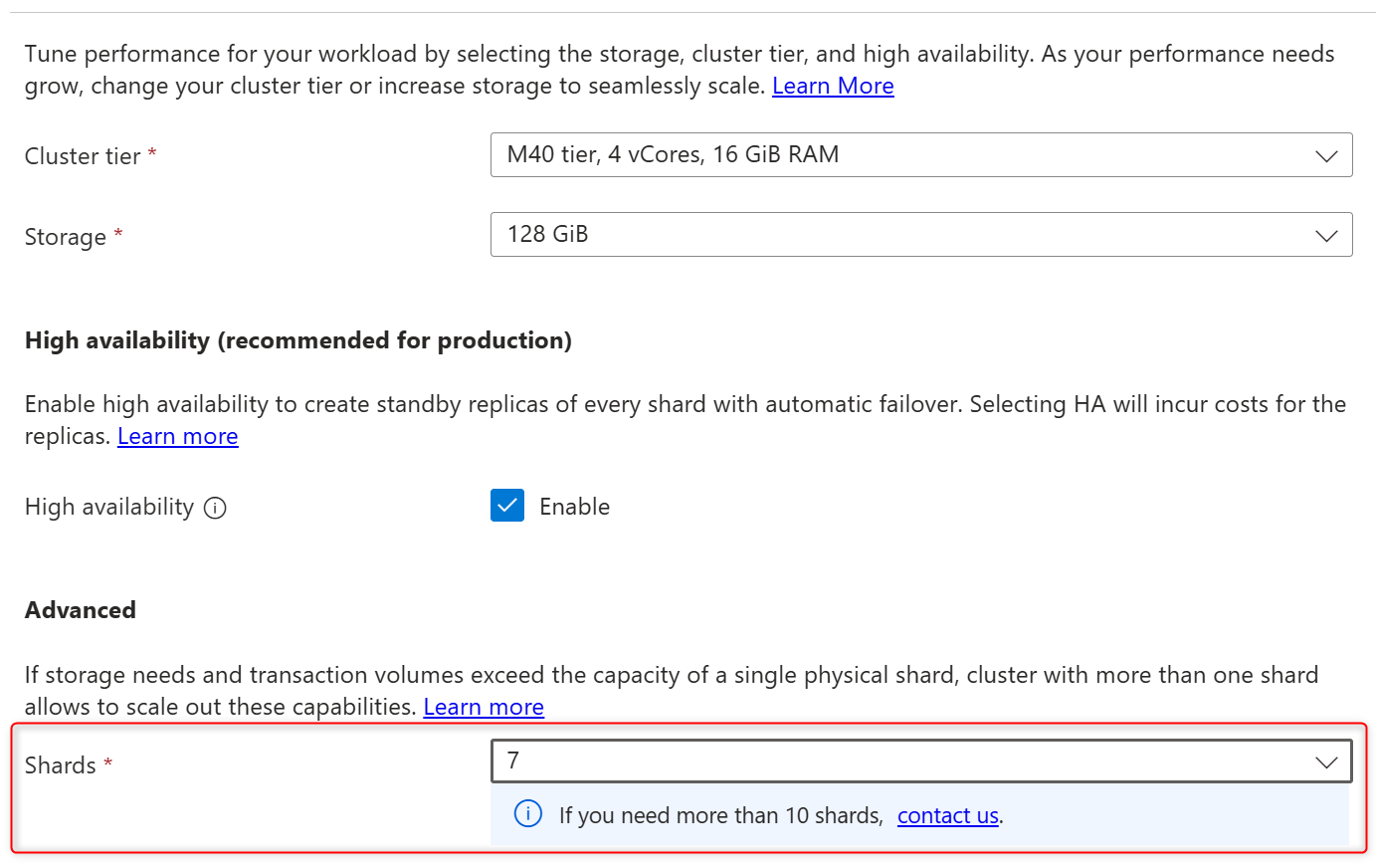 Screenshot of the physical shard count drop-down list in the Scale page of a cluster.