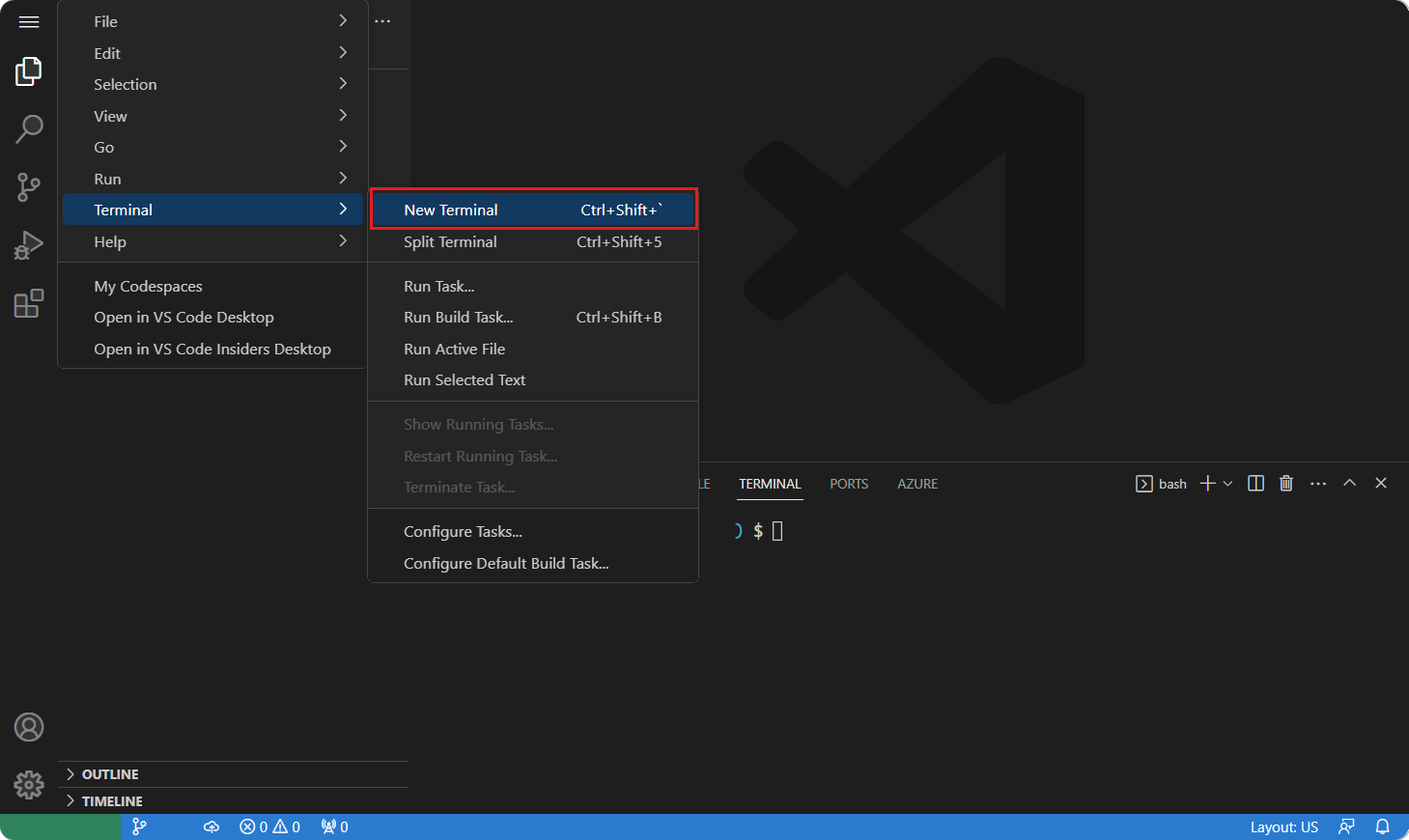 Screenshot of the codespaces menu option to open a new terminal.