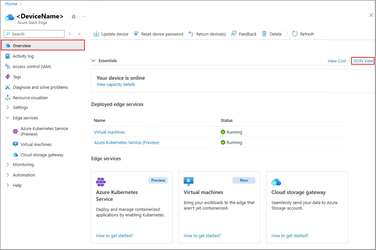 Screenshot of view Overview page for your Azure Stack Edge device.