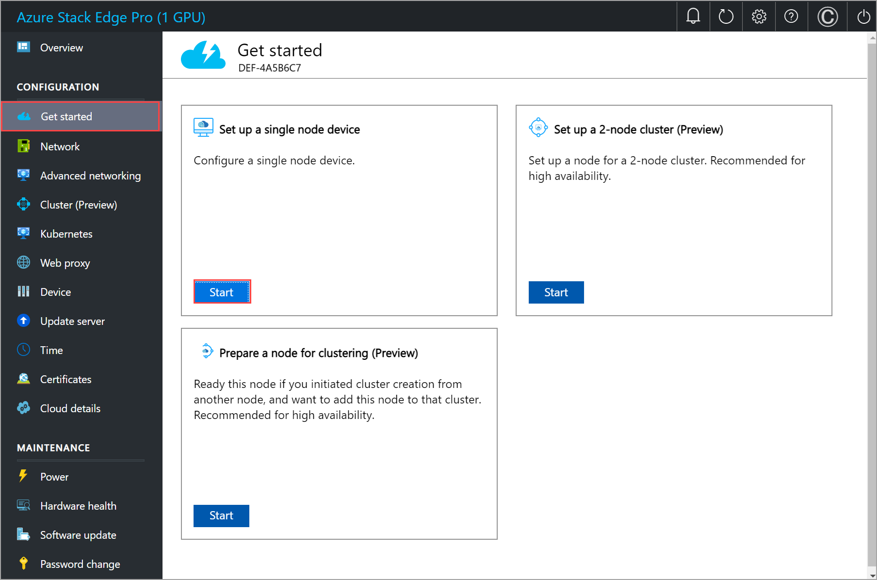 Screenshot of local web UI 'Get started' page for one node.