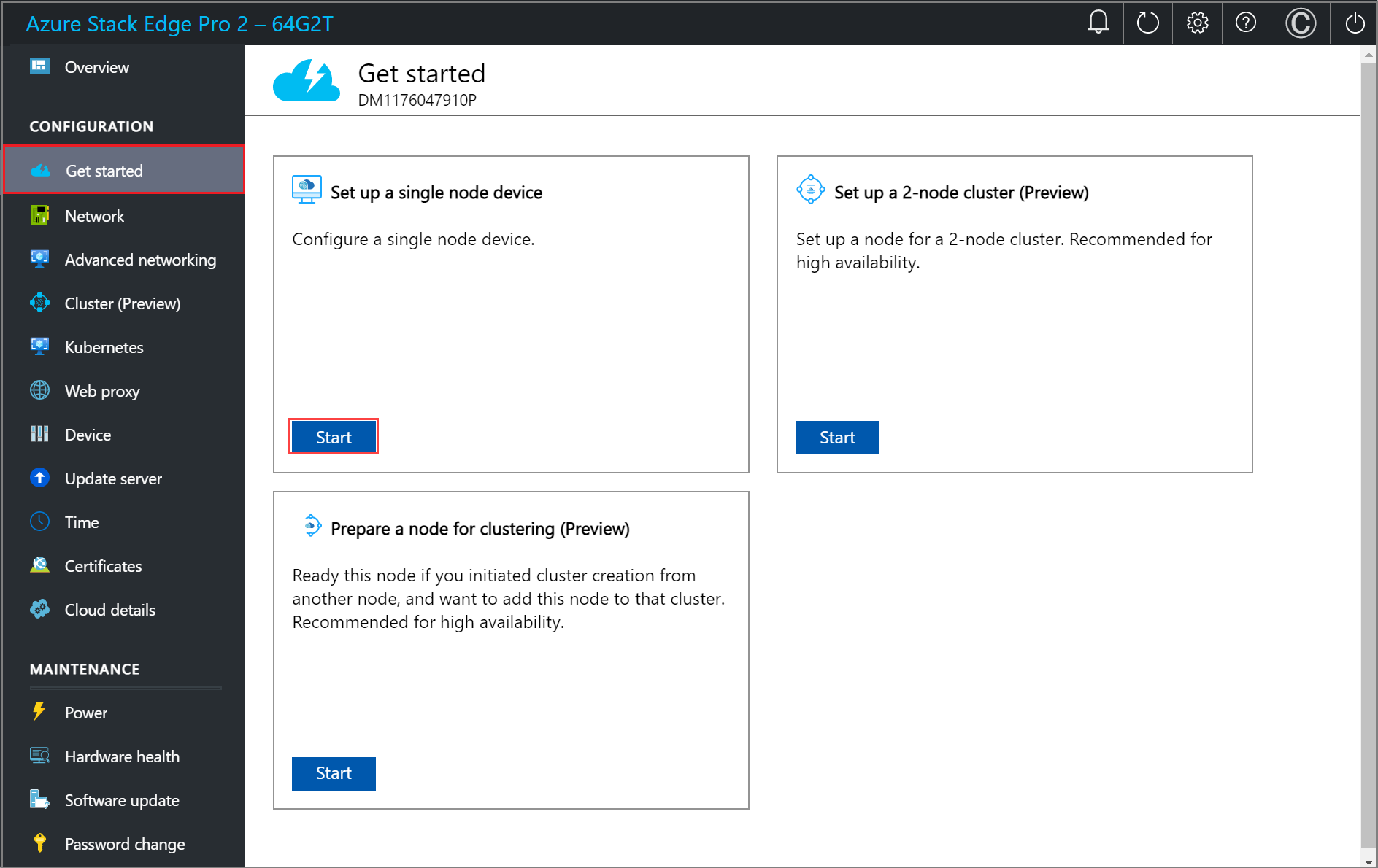 Screenshot of local web UI 'Get started' page for one node.