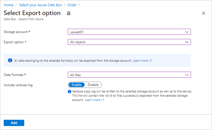 Screen capture showing the data fields on the Storage Account and Export option pane.