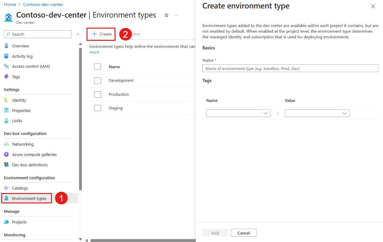 Screenshot that shows the Create environment type pane.