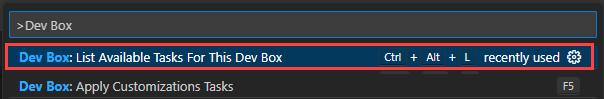 Screenshot that shows the Visual Studio Code command palette with the Dev Box: List Available Tasks For This Dev Box option selected.