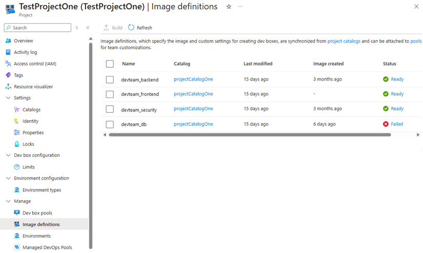 Screenshot that shows the Azure portal pane that lists accessible image definitions for a project.
