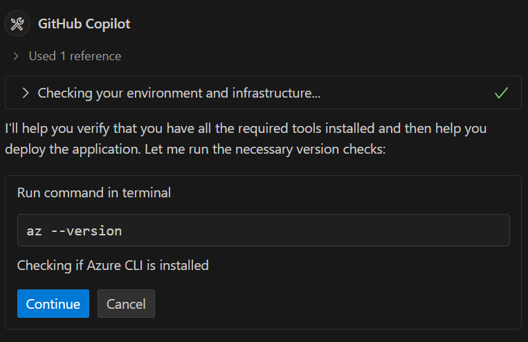 Screenshot of the GitHub Copilot chat pane checking dependencies before running azd up.