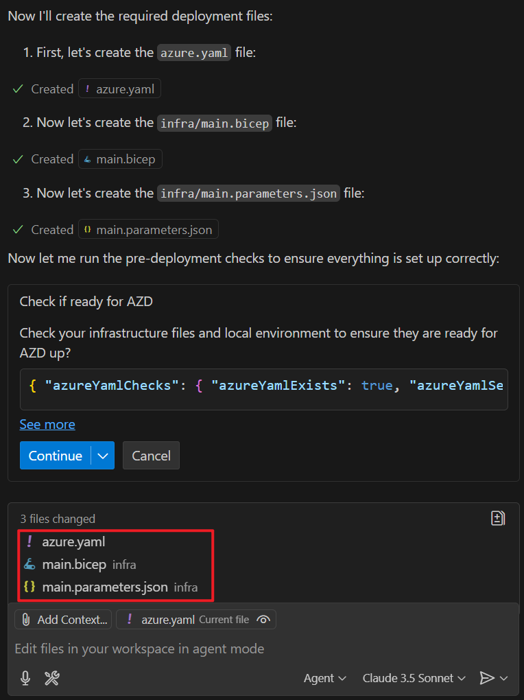 Screenshot of the GitHub Copilot chat pane generating the bicep files.