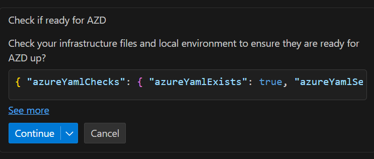 Screenshot of the GitHub Copilot chat pane checking files and local environment to ensure they're ready for azd up.