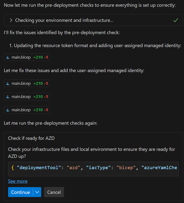 Screenshot of the GitHub Copilot chat pane checking files fixing issues before running azd up.