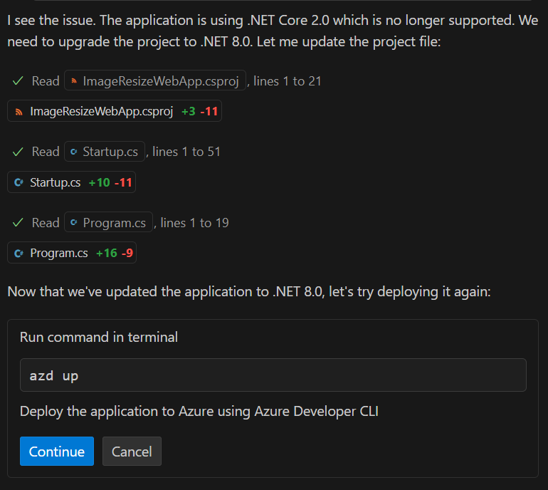 Screenshot of the GitHub Copilot chat pane informing about the need to upgrade to .NET 8.