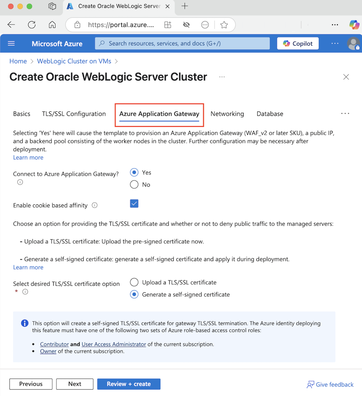 Azure portal screenshot showing the Azure Application Gateway.