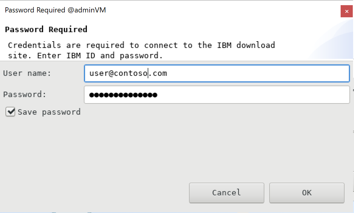 Screenshot of the Password Required pane for IBM WebSphere Application Server.