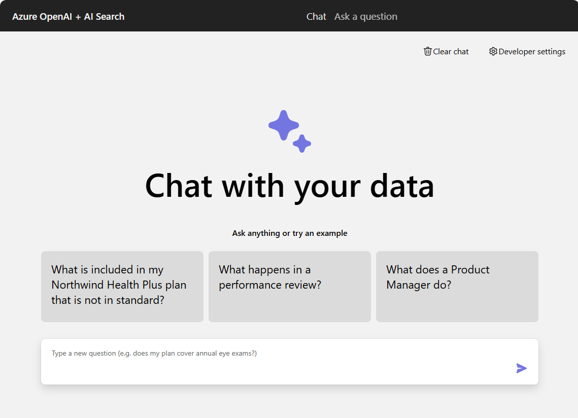 Screenshot that shows the chat app in a browser showing several suggestions for chat input and the chat text box to enter a question.