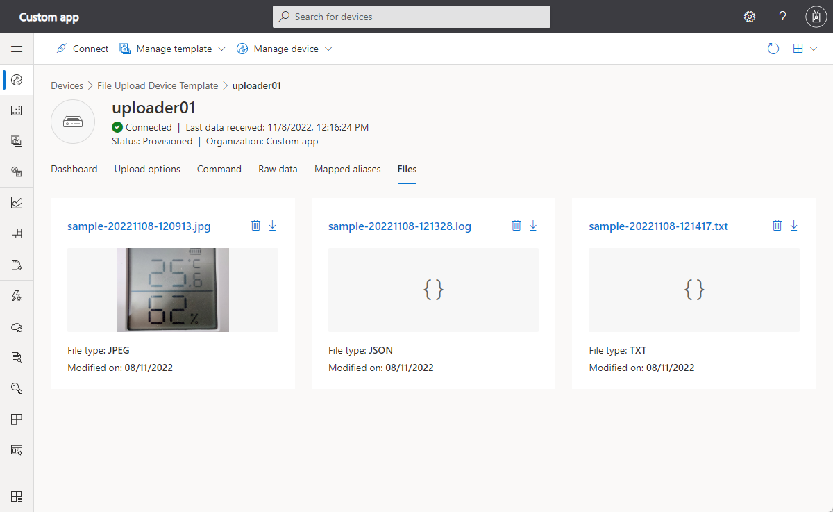 Screenshot that shows the gallery view for uploaded files.