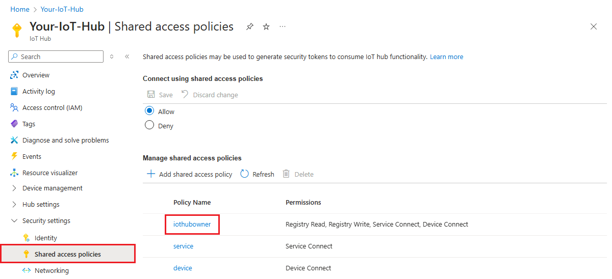 Screenshot that shows how to select the iothubowner shared access policy in the Azure portal.