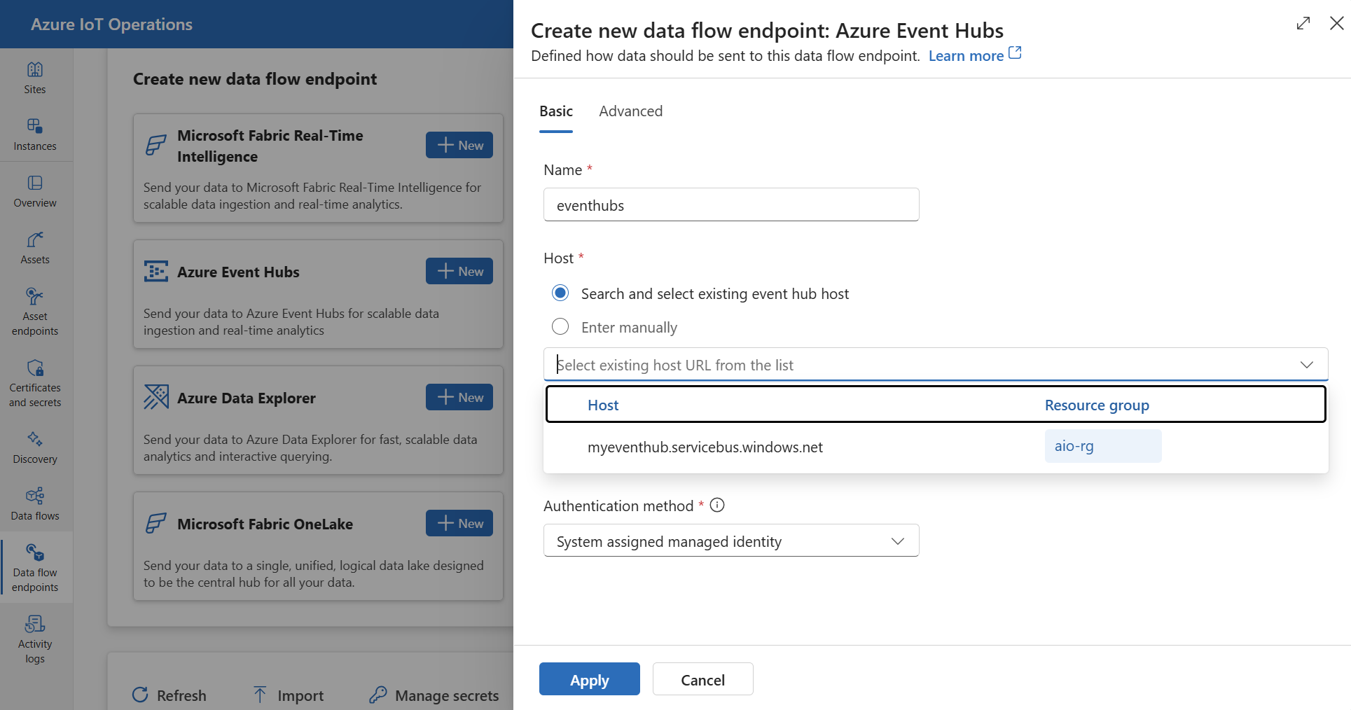Screenshot using operations experience to create an Azure Event Hubs data flow endpoint.