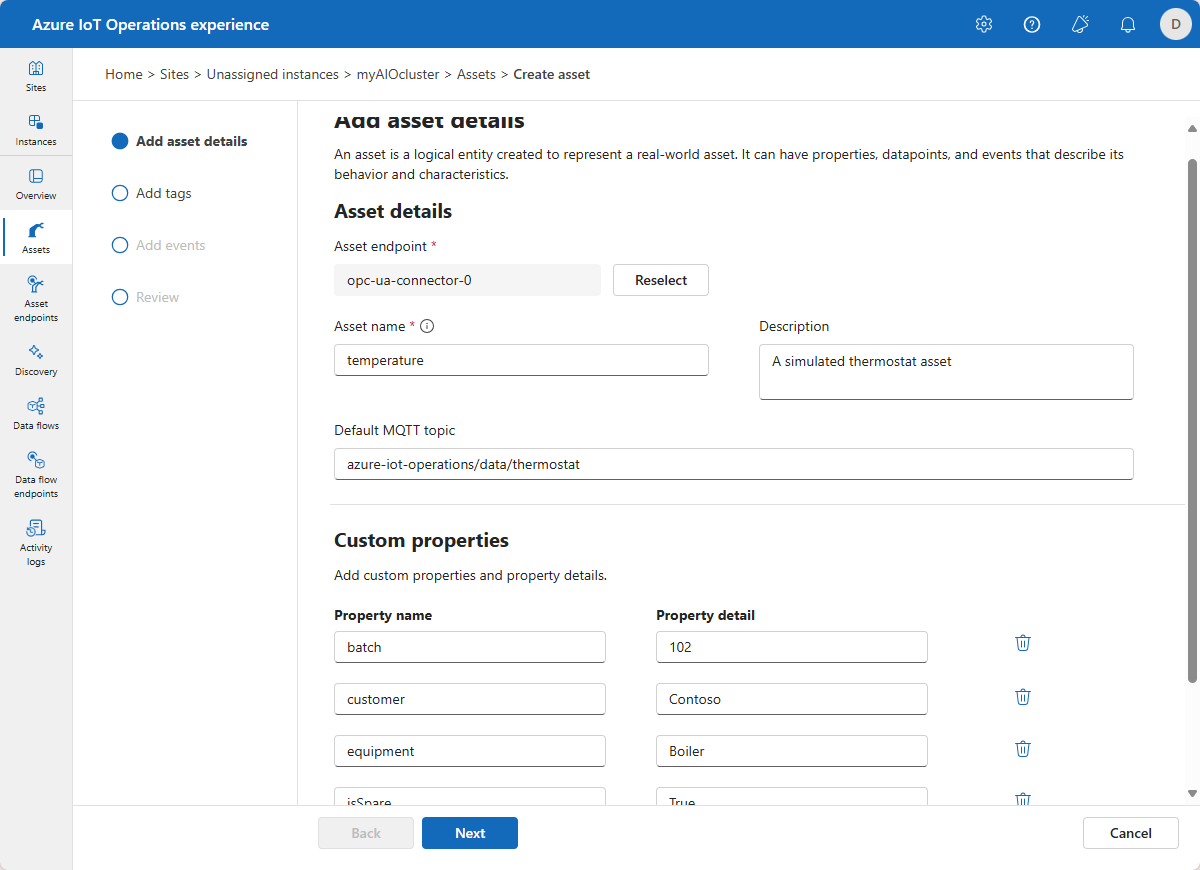 Screenshot of Azure IoT Operations asset details page.