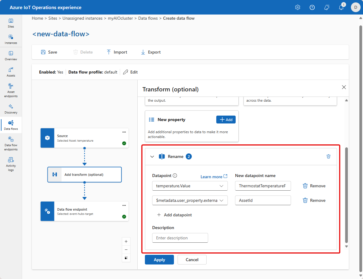 Screenshot of the rename transformation.