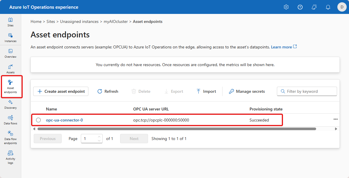 Screenshot in the operations experience that shows a list of asset endpoints.