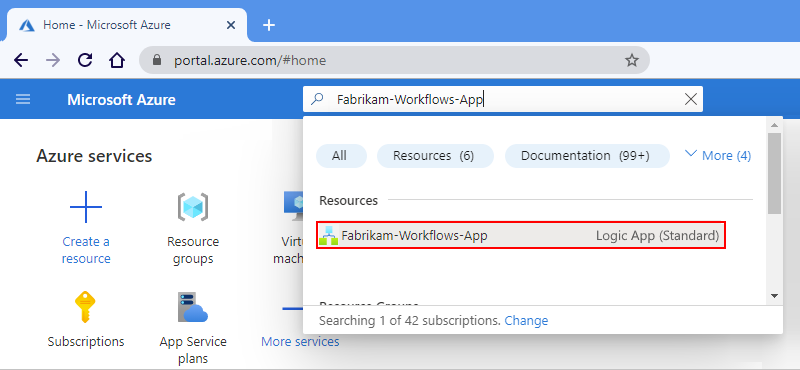 Screenshot shows Azure search box with logic app name entered.