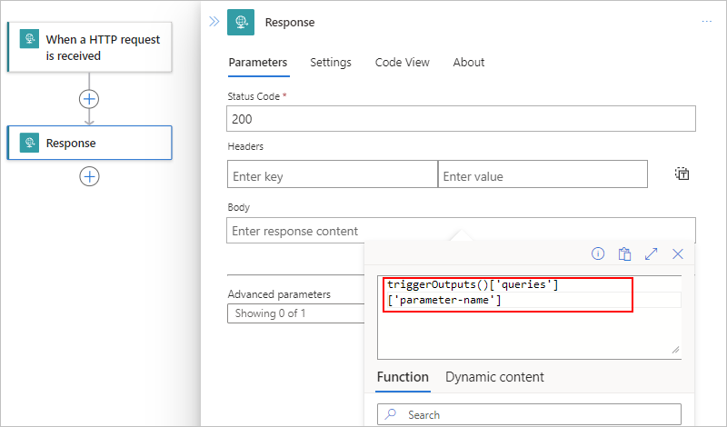 Screenshot shows Consumption workflow, Response action, and the triggerOutputs() expression.