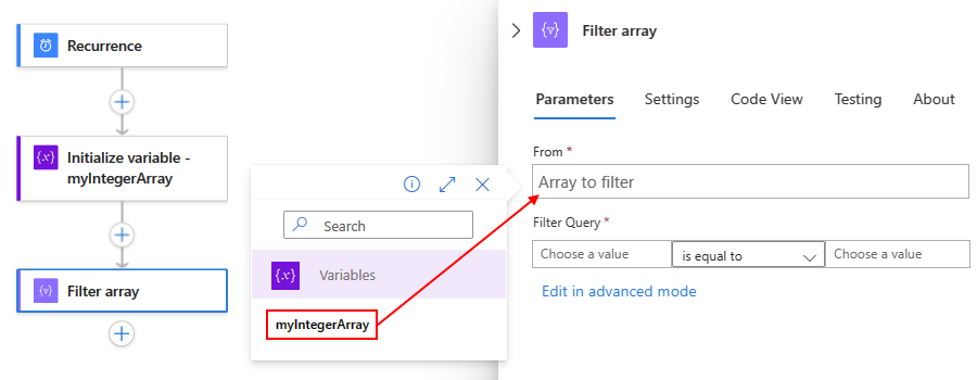 Screenshot shows Consumption workflow, action named Filter array, and selected input to use.