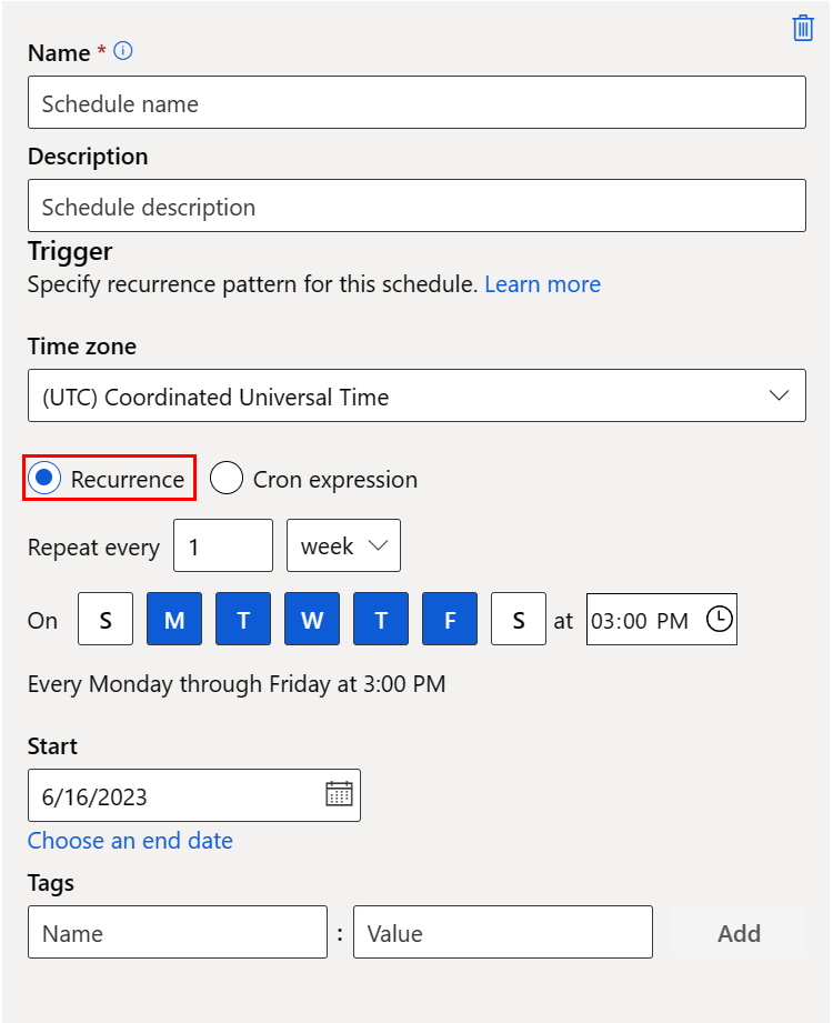 A screenshot that shows selection of the Add recurrence schedule button.