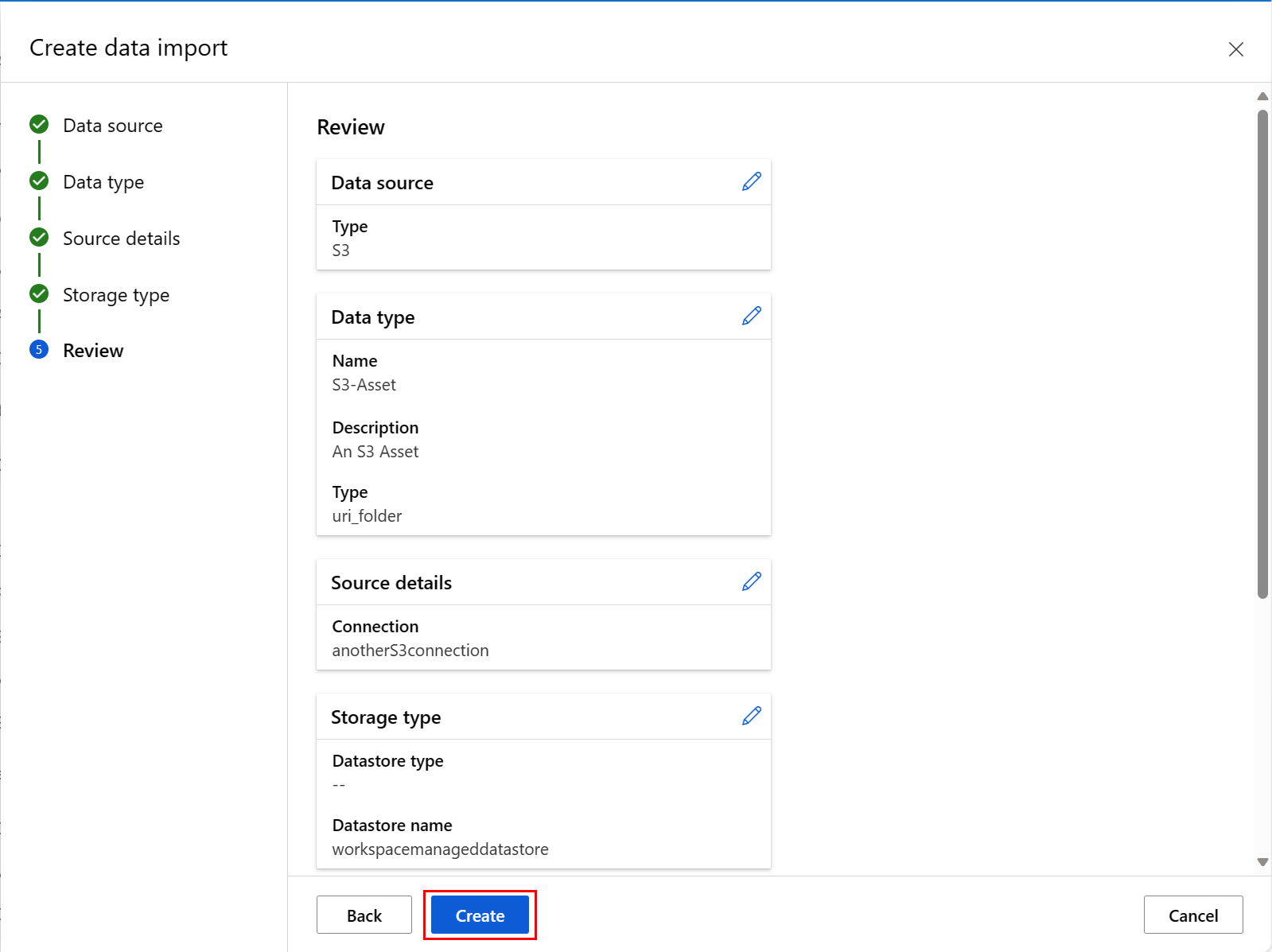 Screenshot showing all parameters of the data import.