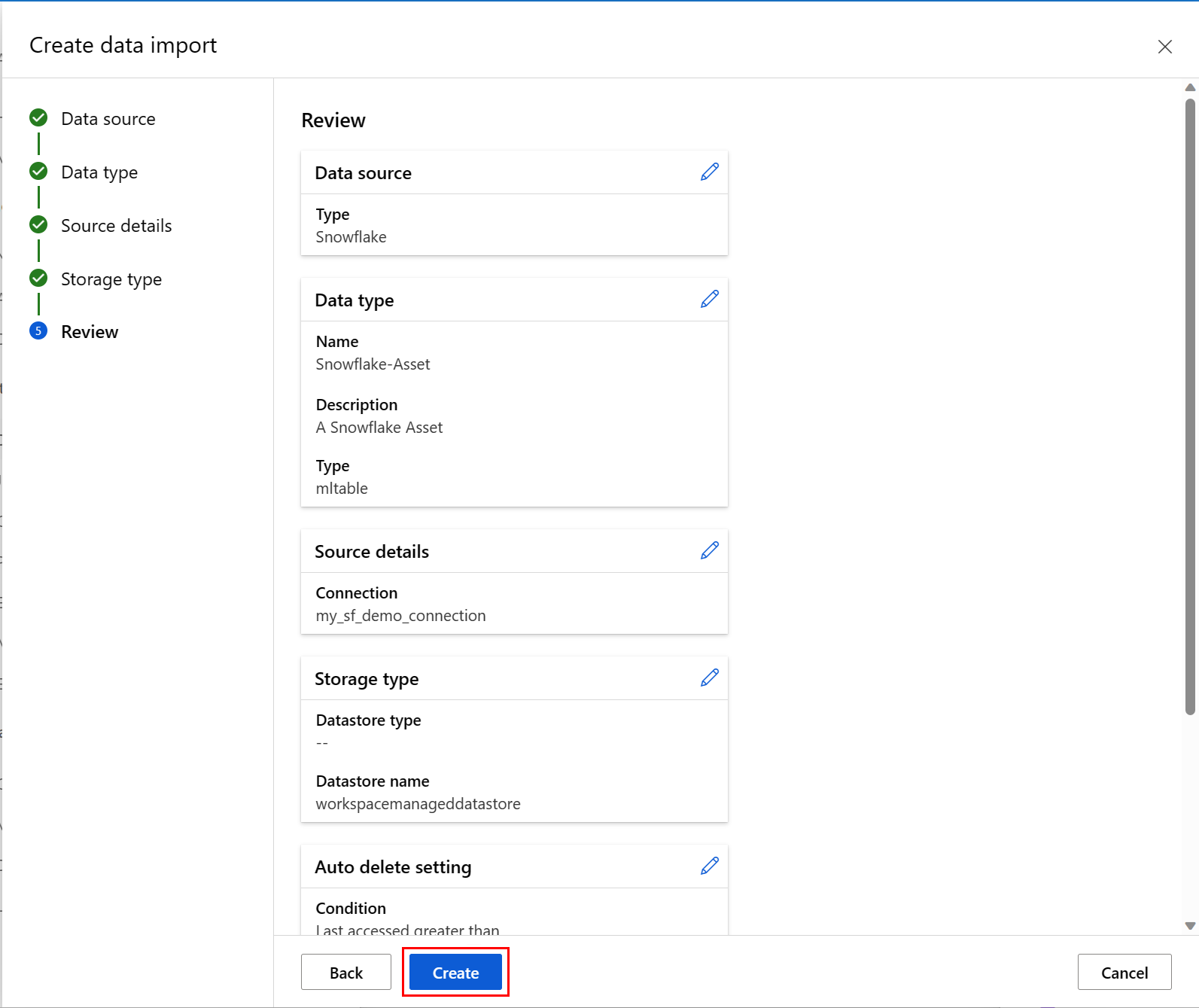 Screenshot that shows all parameters of the data import.