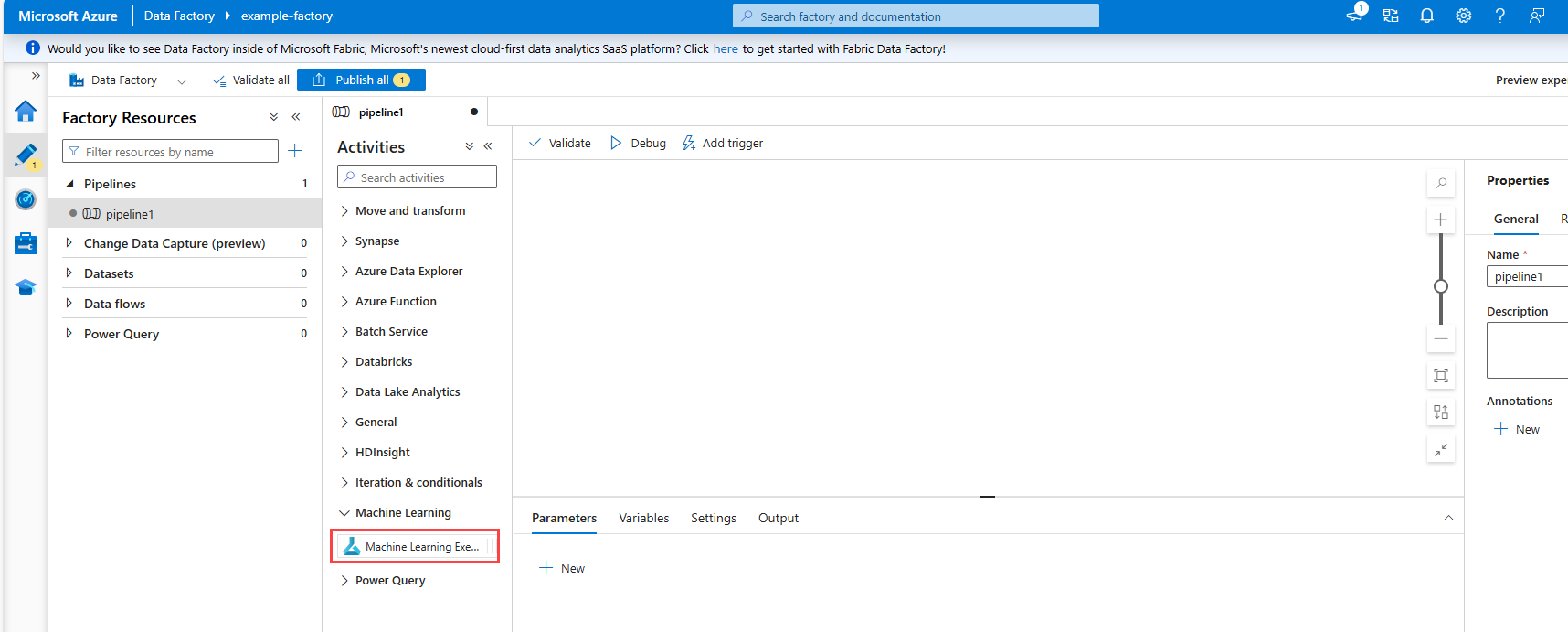 Screenshot showing the ML pipeline activity in the Azure Data Factory authoring environment