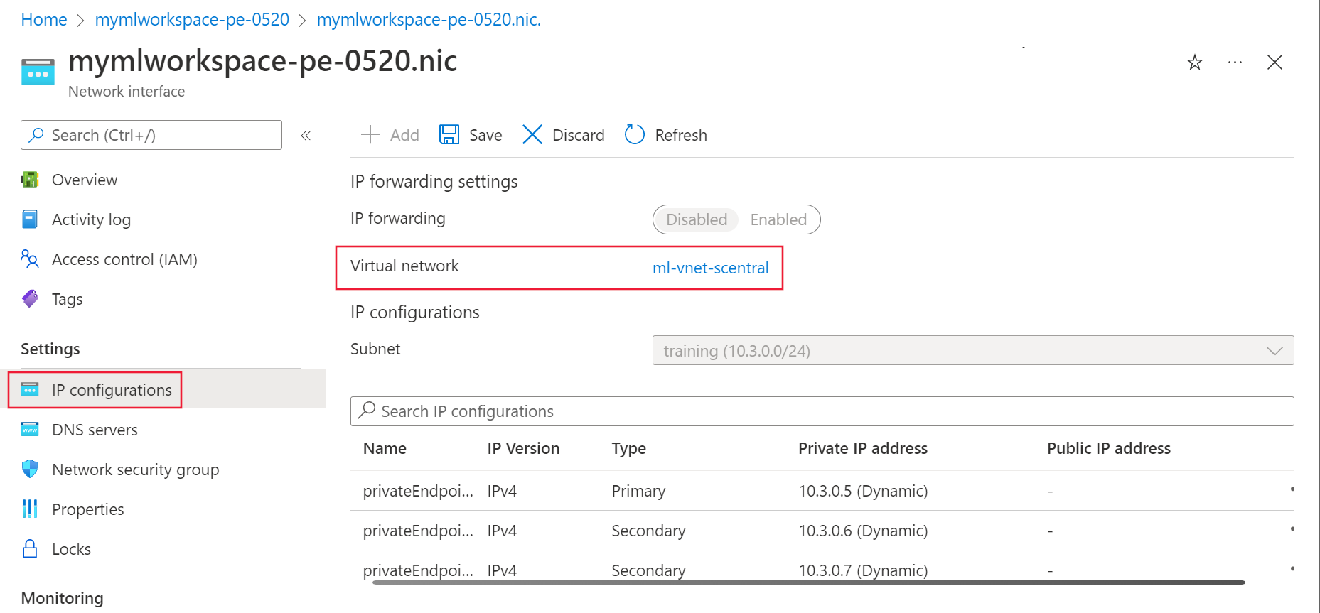 Screenshot of the IP configuration with virtual network link highlighted.