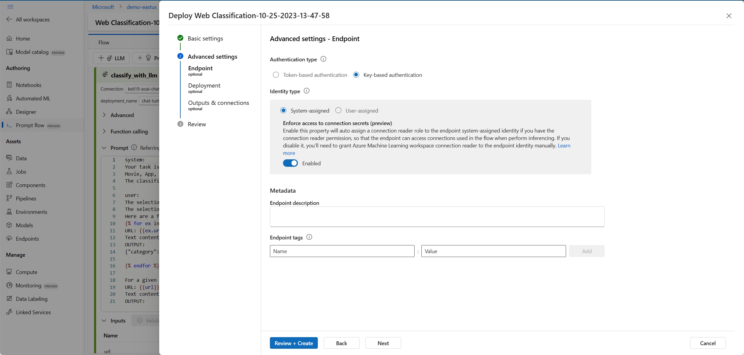 Screenshot of the deploy wizard endpoint settings. 