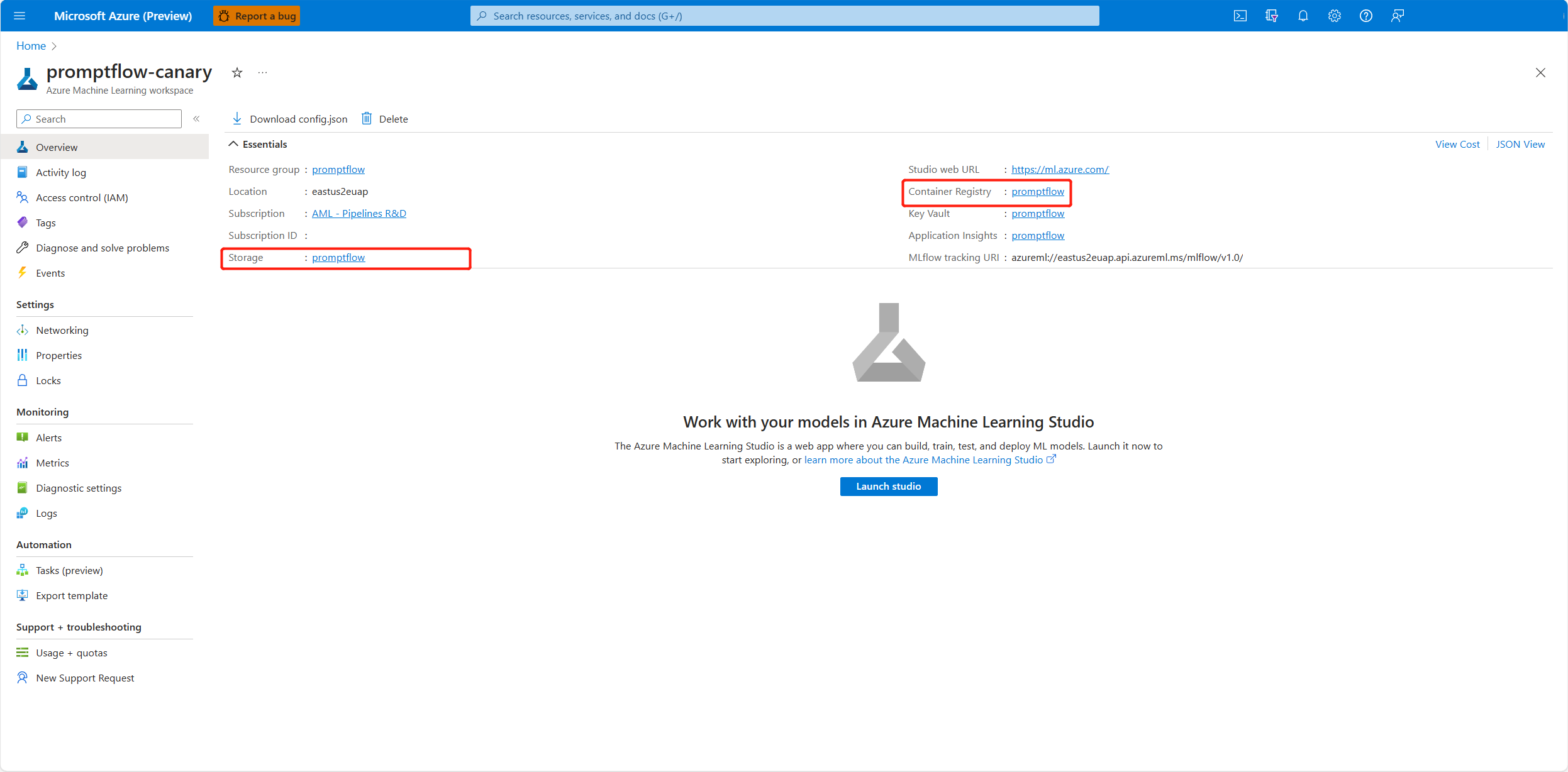 Screenshot of the overview page with storage and container registry highlighted. 
