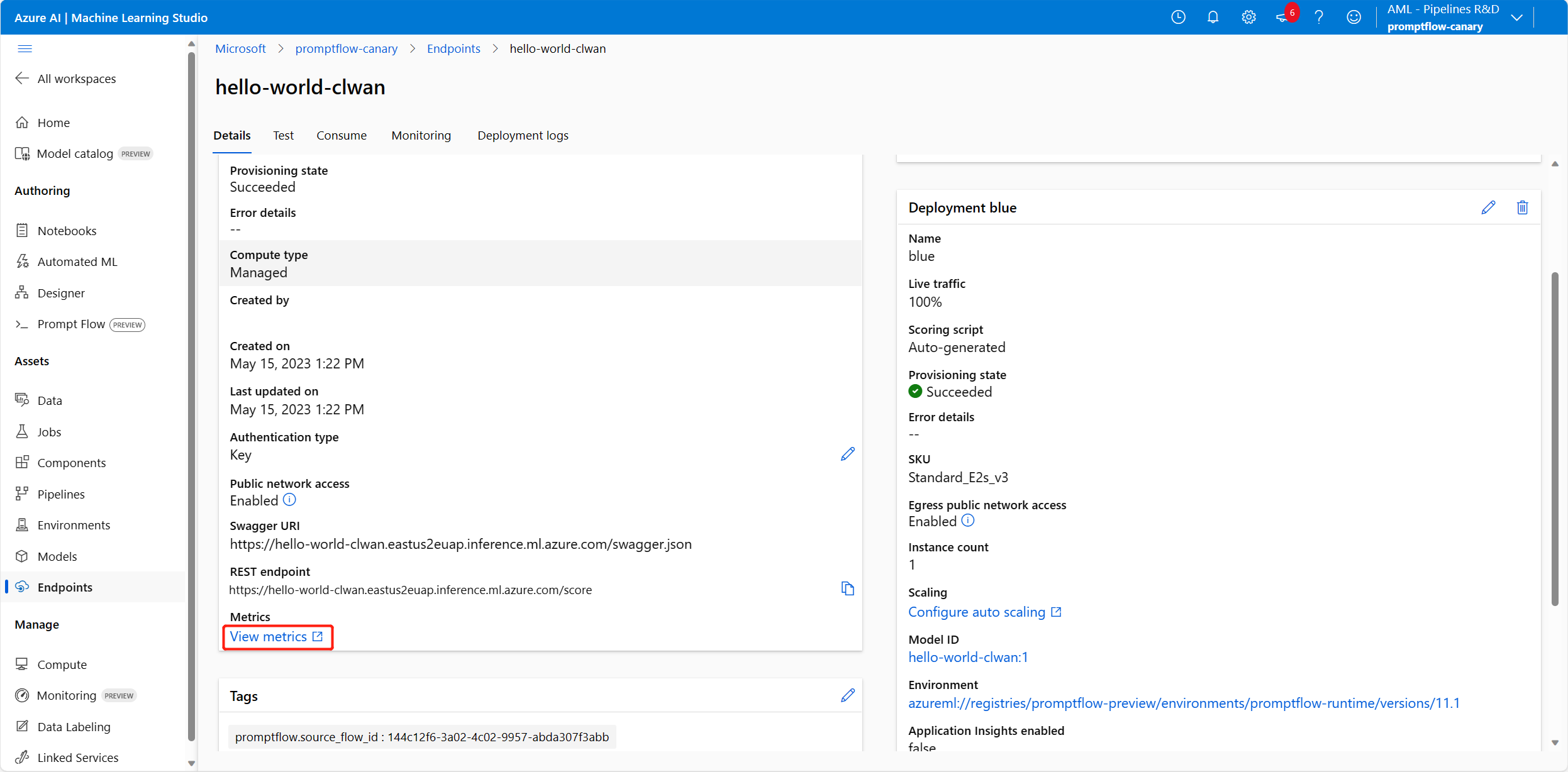 Screenshot of the endpoint detail page with view metrics highlighted. 
