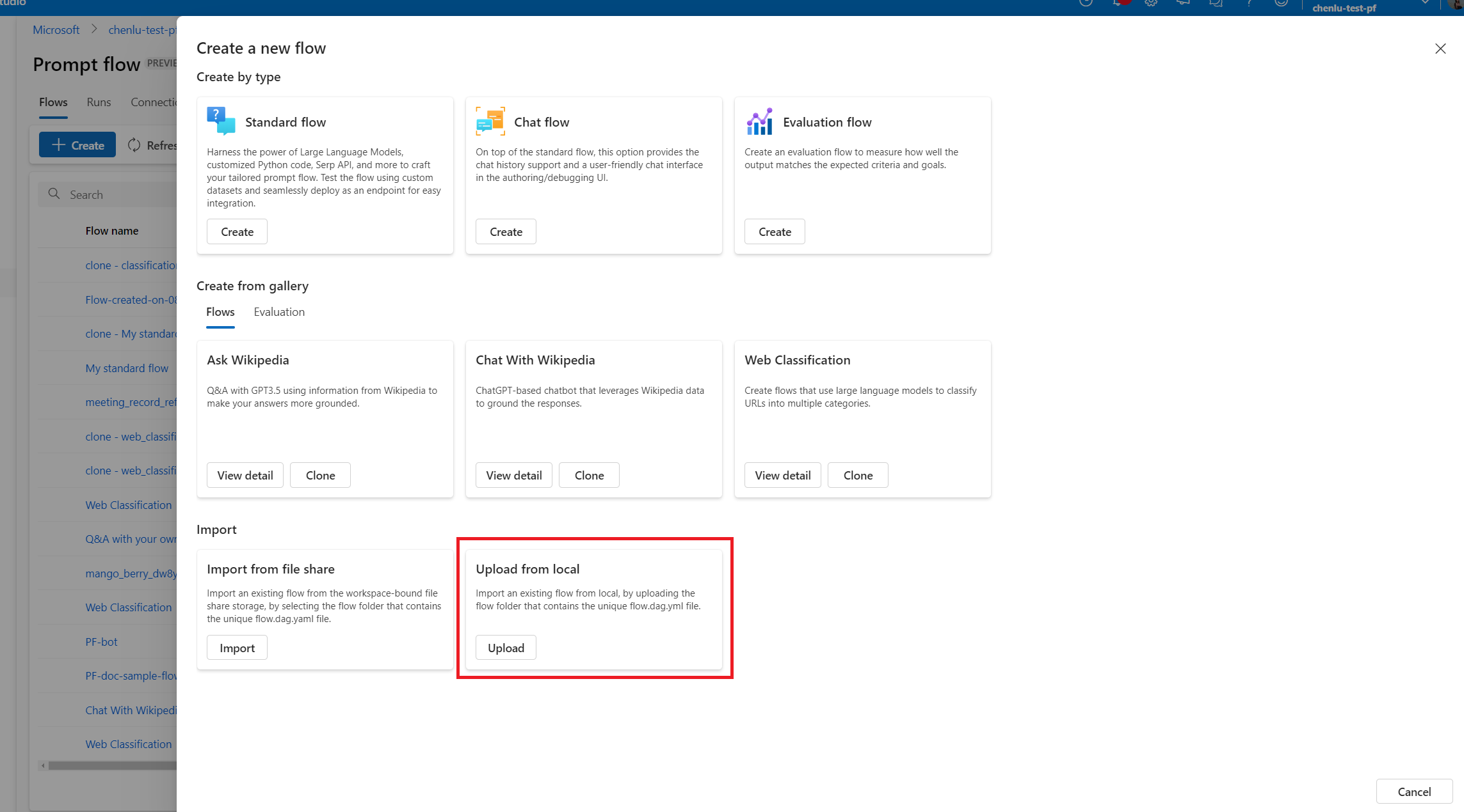 Screenshot of the Create a new flow screen with Upload to local highlighted.