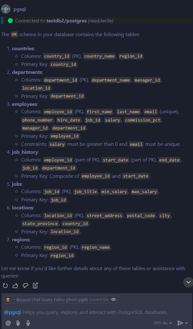 Screenshot of Copilot Chat response showing a detailed breakdown of tables and columns in the HR schema of a PostgreSQL database.