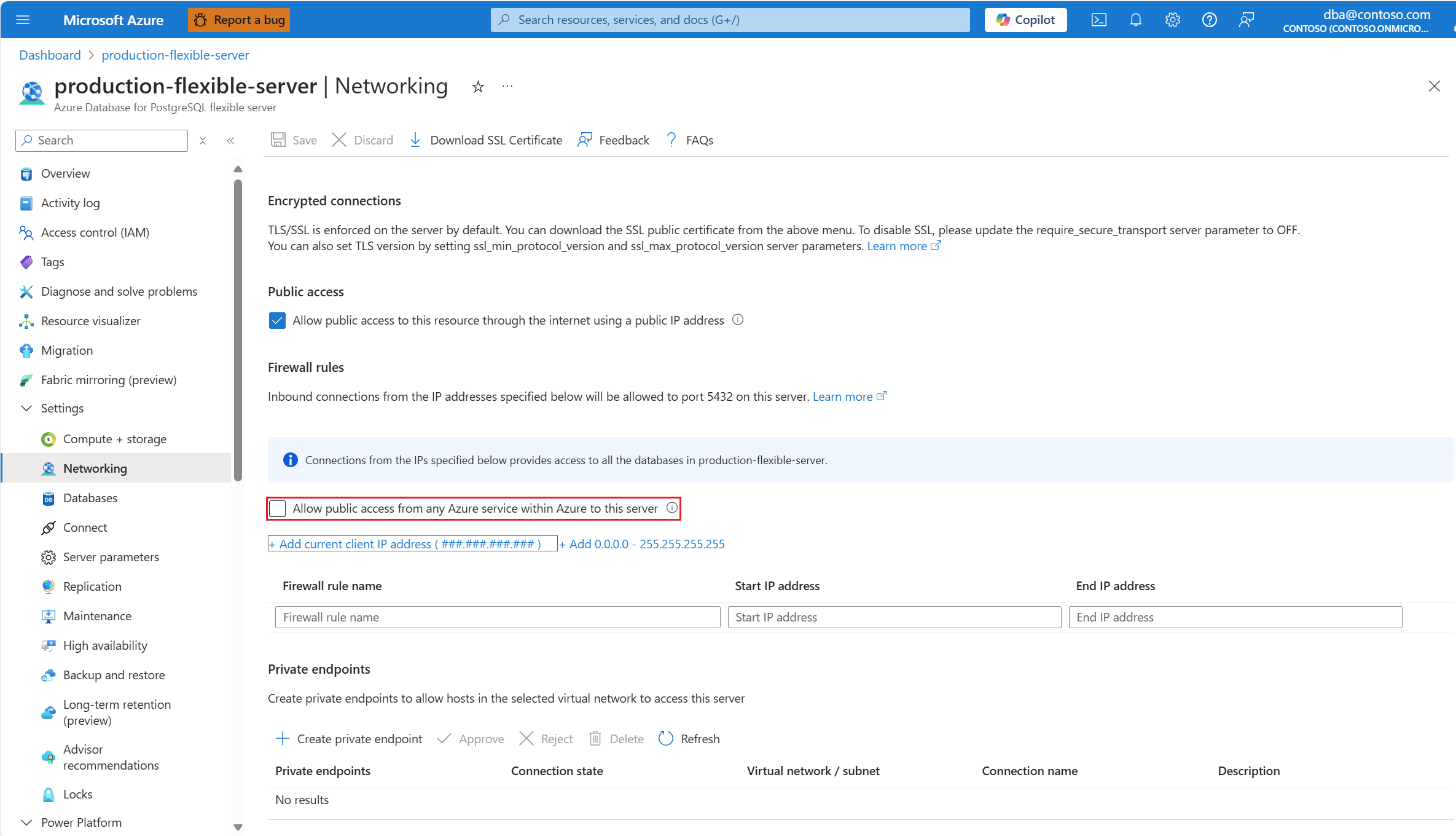 Screenshot that shows selections for allowing access to Azure services in the portal.