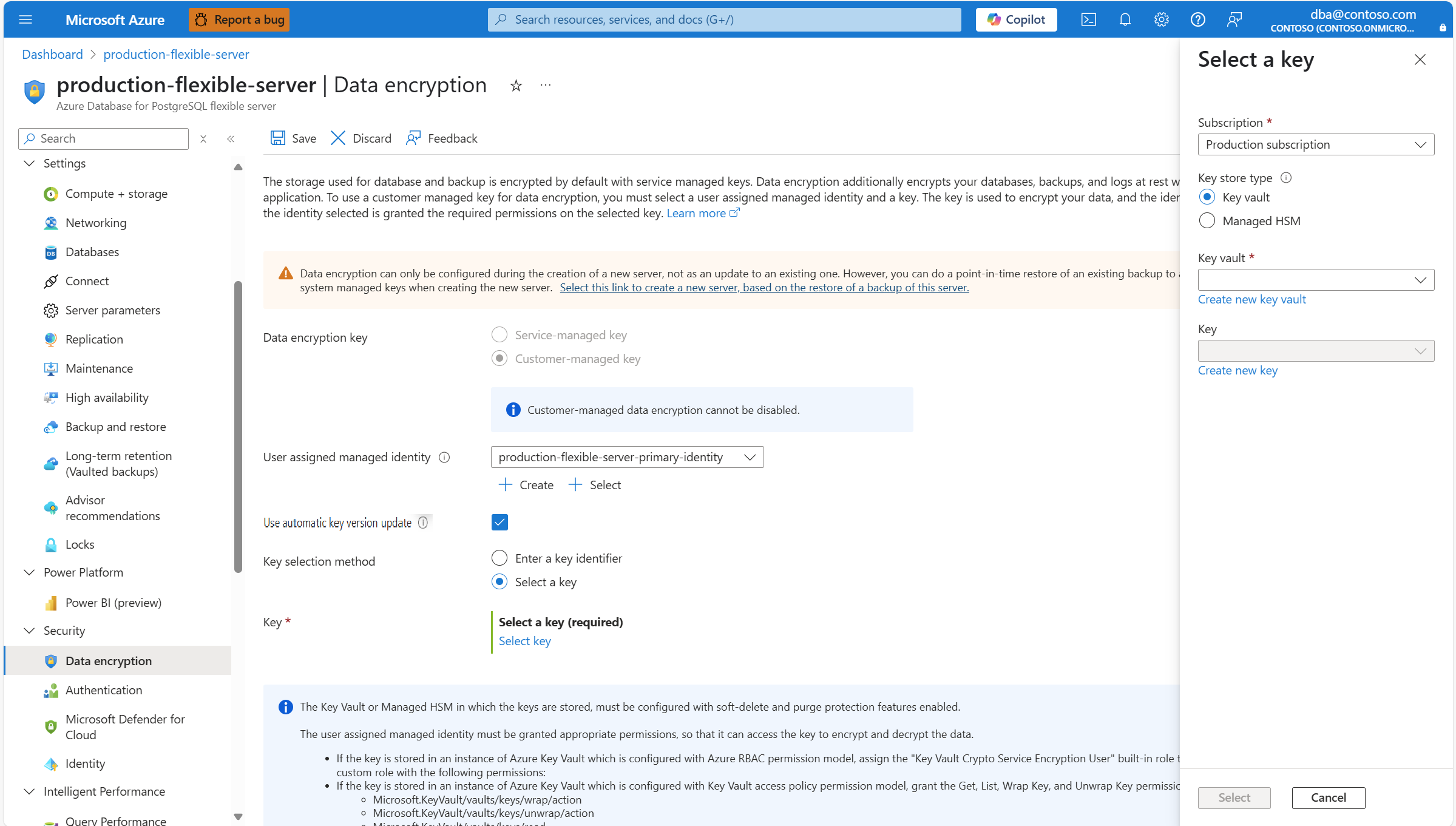 Screenshot that shows how to select the type of store that keeps the data encryption key.