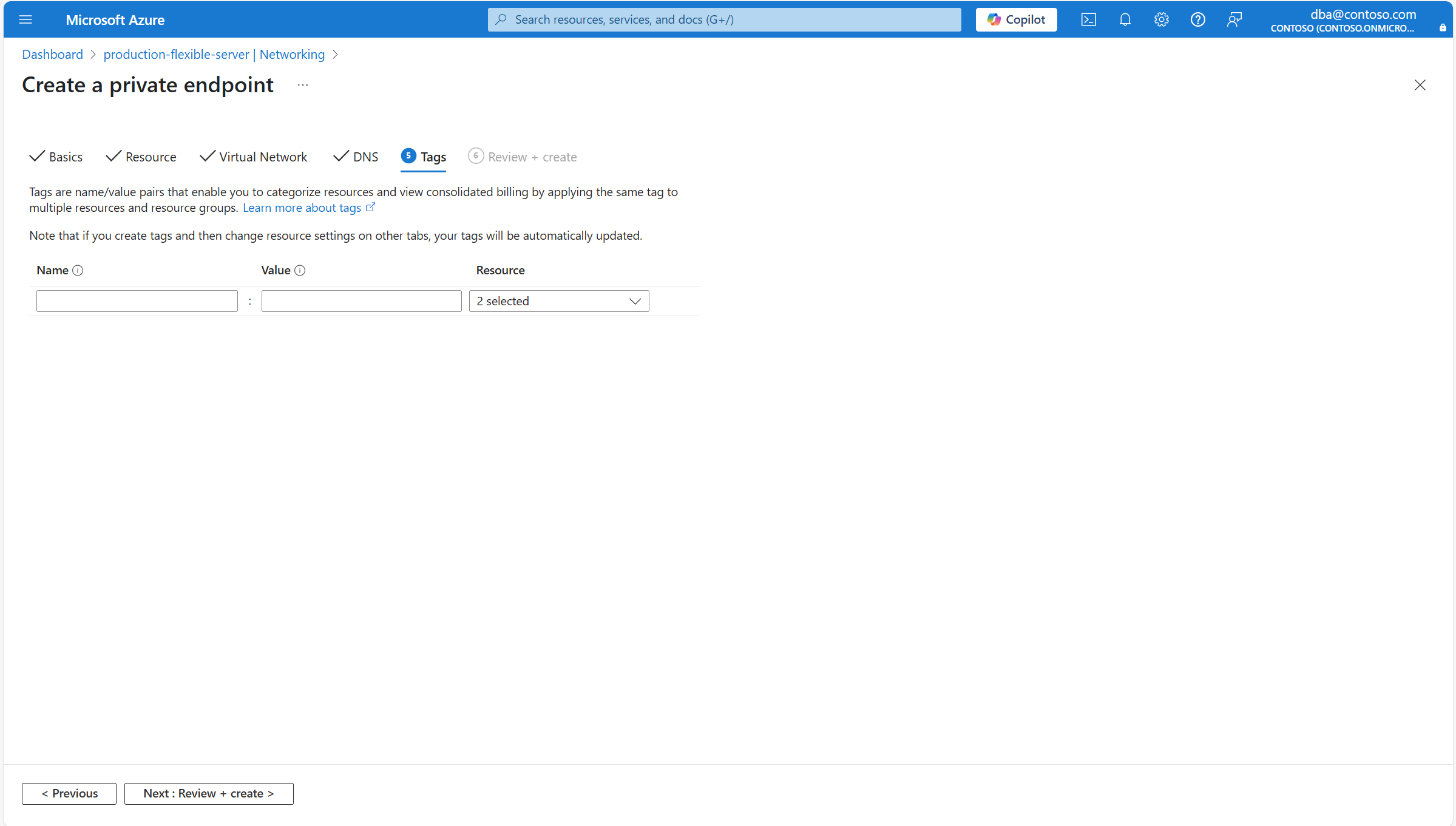 Screenshot showing the Tags page of Create a private endpoint.