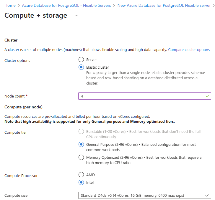 Screenshot of Compute + storage configuration with elastic clusters. Elastic cluster is selected. Node count input box has a value of 4. Compute tier and size options are visible.